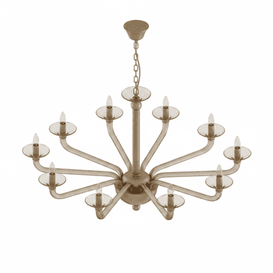 A twelve-light candelabra chandelier with a matte gold finish and clear glass or acrylic bobeches, suspended by a chain from a ceiling canopy. — 3D model (AI enhanced source)