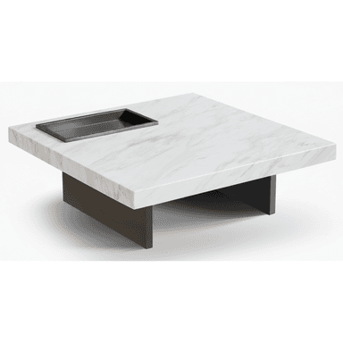 A contemporary square coffee table featuring a white marble or marble-look top with subtle grey veining. The tabletop incorporates a rectangular, dark-finished metal tray, recessed flush with the surface. It is supported by a low-profile, dark-colored plinth-style base, suggesting a minimalist and robust design. — 3D model (AI enhanced source)