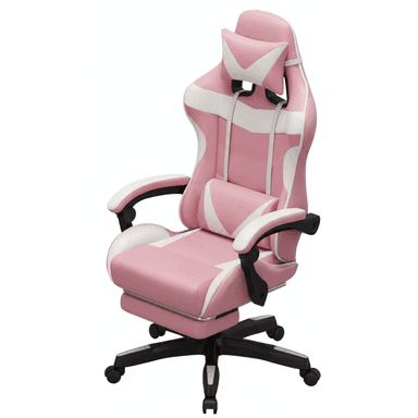 A pink and white ergonomic gaming chair featuring a high backrest, adjustable headrest pillow, and lumbar support cushion. It includes padded armrests, a retractable footrest, and a black five-star swivel base with casters. The chair is upholstered in synthetic leather with contrasting pink and white sections. — 3D model (AI enhanced source)