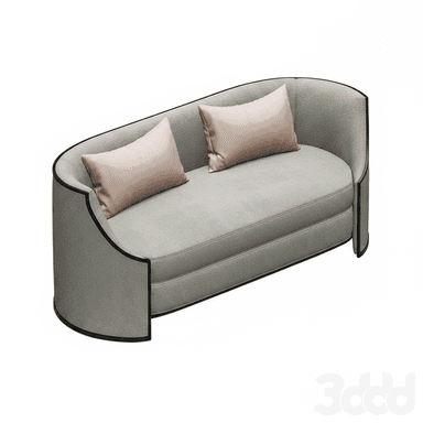 A modern two-seater sofa or loveseat upholstered in light gray textured fabric, featuring a distinctive curved, trough-like frame with black piping or trim. It includes two light pink rectangular back pillows and two removable seat cushions. — 3D model (AI enhanced source)