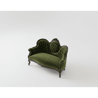 A vintage-style sofa with a dark wooden frame and plush green velvet upholstery. The sofa features intricate carvings on the wooden elements, button tufting on the backrest, and a curved silhouette with rolled arms. It has a distinct Victorian or Rococo influence. — 3D model (AI enhanced source)