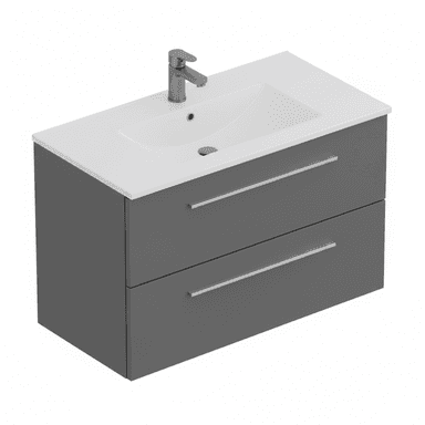 A modern wall-mounted bathroom vanity featuring a dark grey cabinet, a white integrated sink, and a chrome faucet. The cabinet has two large drawers with slim, horizontal chrome bar pulls. — 3D model (AI enhanced source)