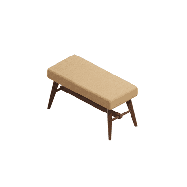 A rectangular bench with a upholstered seat and wooden legs. The legs are angled outwards and connected by a crossbar. The upholstery fabric appears to be a textured, woven material. — 3D model (AI enhanced source)