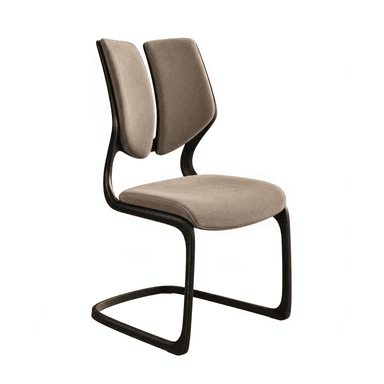 An armless modern dining chair featuring a cantilever base, upholstered seat, and a distinctive split backrest design. The frame is a dark, possibly black, metal, providing a sleek contrast to the light beige fabric. — 3D model (AI enhanced source)