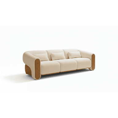 A modern three-seater sofa with a curved silhouette. The upholstery is a textured, light cream fabric. The sofa features prominent wooden accents on the sides and base, which have a natural, light wood grain finish and a rounded, sculpted appearance. Three matching throw pillows are placed on the seat. — 3D model (AI enhanced source)