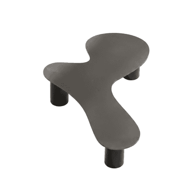 A low-profile, modern coffee table featuring an irregularly shaped top, resembling an organic or kidney-bean form, supported by three robust cylindrical legs. The entire piece appears to be a monochromatic dark grey or charcoal color, suggesting a unified material or finish. The design is minimalist with smooth, fluid lines, emphasizing its sculptural quality. — 3D model (AI enhanced source)