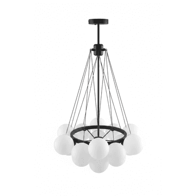 A modern chandelier featuring a black metal frame with multiple thin suspension wires supporting a circular frame. Attached to the circular frame are numerous spherical white glass shades, arranged in a cluster. The chandelier suspends from a central black rod connected to a ceiling mount. — 3D model (AI enhanced source)