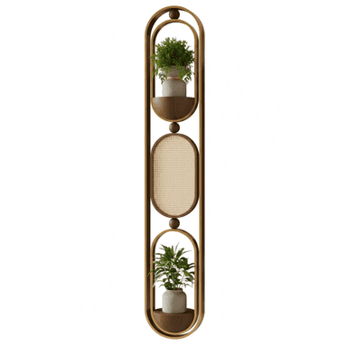 A tall, narrow, wall-mounted display unit featuring an elongated oval frame constructed from brass-toned metal and dark wood. It is divided into three sections: two sections contain semicircular wooden shelves, each holding a potted plant, and the central section features a panel of natural cane webbing. The design incorporates rounded edges and a harmonious blend of materials, suggesting an Art Deco or contemporary aesthetic. — 3D model (AI enhanced source)