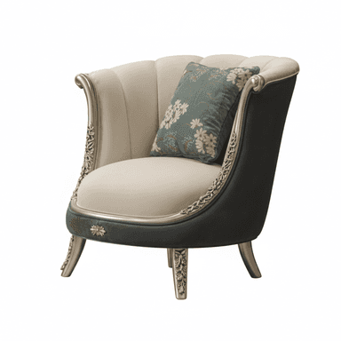An ornate upholstered armchair showcasing a Baroque Revival aesthetic. It features a shell-like, channel-tufted backrest and a fixed seat cushion, both covered in a light cream or beige fabric. The exterior of the back and sides is upholstered in a contrasting dark teal or gray fabric. The chair's frame, including the armrests and cabriole-style legs, is intricately carved with acanthus leaf motifs and finished in a metallic silver or champagne tone, highlighting its decorative nature. A floral patterned throw pillow in coordinating colors accompanies the chair. — 3D model (AI enhanced source)