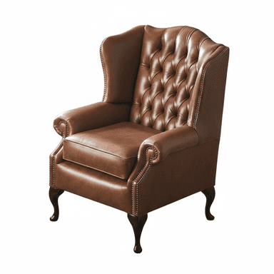 A classic wingback armchair upholstered in rich brown leather, featuring deep button tufting on the backrest, decorative nailhead trim along the armrests and base, and elegant dark wood cabriole legs. It has a plush seat cushion and rolled arms. — 3D model (AI enhanced source)