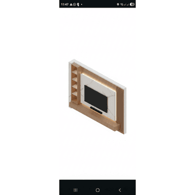 A modern, wall-mounted entertainment center featuring an integrated television panel set against a white, marble-patterned backboard. The unit includes a lower console with drawer storage, vertical slatted wood accents on the right side, and an open shelving unit on the left side, all constructed with light-toned wood and white elements. — 3D model (AI enhanced source)