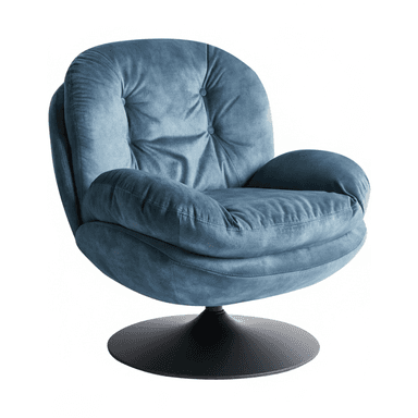A plush, modern swivel armchair with a rounded profile, featuring deep button tufting on the backrest and a thick, soft seat cushion. The chair is upholstered in a rich, teal-colored velvet or similar soft fabric. It is supported by a sleek, black powder-coated disc base, allowing for 360-degree rotation. The design emphasizes comfort and contemporary aesthetics. — 3D model (AI enhanced source)