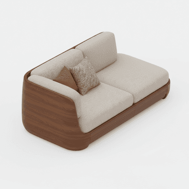 A modern two-seater sectional sofa with an integrated chaise lounge, featuring a continuous wraparound dark wood frame and light beige fabric upholstery. — 3D model (AI enhanced source)