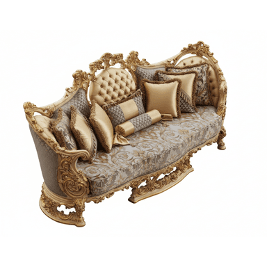 A baroque-style sofa with a carved wooden frame finished in gold. The upholstery features tufted beige fabric on the backrest and a patterned fabric with floral motifs in gold and grey on the seat and sides. It is adorned with multiple decorative pillows in coordinating colors and patterns, including silk-like gold cushions and patterned square cushions, as well as a bolster pillow. The sofa has a curved silhouette with ornate detailing on the arms and legs. — 3D model (AI enhanced source)