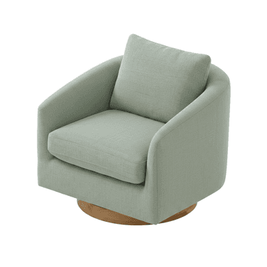An upholstered swivel accent chair with a rounded barrel-shaped silhouette, light sage green fabric, and a natural wooden swivel base. — 3D model (AI enhanced source)