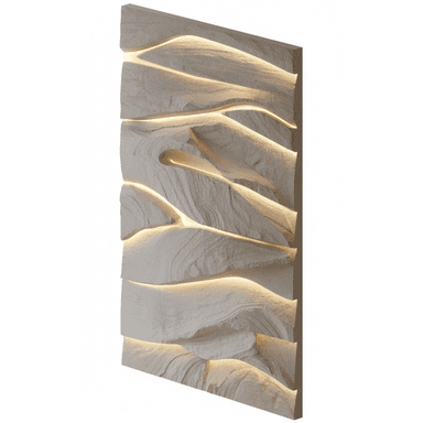 A decorative wall panel with a textured, layered design mimicking natural rock formations. Integrated lighting accentuates the sculpted contours, creating a dynamic visual effect. The panel is designed for vertical mounting. — 3D model (AI enhanced source)