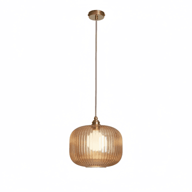 A single amber ribbed glass pendant light featuring brass hardware for mounting and suspension. The glass shade is a rounded rectangular form with vertical fluting, enclosing a visible light bulb. A fabric-covered electrical cord connects the shade to a circular brass canopy, providing a sleek and modern design with warm, diffused illumination. — 3D model (AI enhanced source)