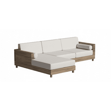 A sectional sofa with a chaise lounge extension. The sofa features a low-profile wooden frame with visible wood grain and light-colored upholstered cushions. It has a modern, minimalist design with clean lines and square arms. One end of the sofa extends into a chaise, and the sofa includes a cylindrical bolster pillow. — 3D model (AI enhanced source)