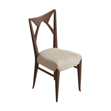 A Mid-Century Modern style dining chair featuring a dark wood frame and an upholstered seat. The backrest is distinctive, showcasing an open, geometric design with angular cutouts. The legs are tapered, and the seat is covered in a light, possibly cream-colored fabric with a subtle dotted pattern. — 3D model (AI enhanced source)