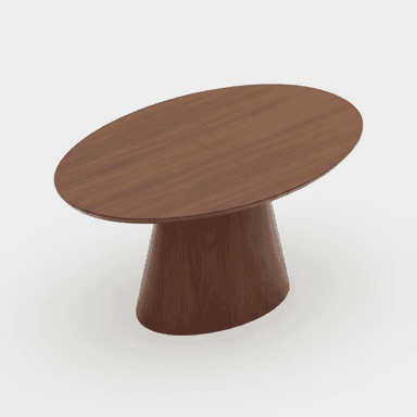 An oval-shaped dining table featuring a rich, dark wood finish and a sturdy, tapered pedestal base. The tabletop exhibits visible seam lines, suggesting it is designed to accommodate extension leaves. Its minimalist design and clean lines give it a modern and sophisticated appearance. — 3D model (AI enhanced source)