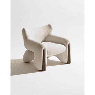 An organically shaped lounge chair upholstered in off-white bouclé fabric, featuring integrated dark wood accents that serve as structural supports and design elements. — 3D model (AI enhanced source)