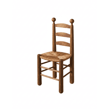 A rustic wooden side chair featuring a distinctive ladder back with three horizontal slats, a woven rush seat, and turned finials on the top of the back posts. The frame is constructed from warm-toned wood, likely oak or pine, with round, robust legs connected by simple stretchers. The overall aesthetic suggests a traditional or farmhouse style. — 3D model (AI enhanced source)