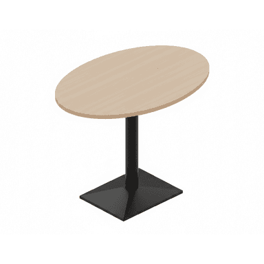 An oval-shaped table featuring a light wood or laminate top and a black metal pedestal base. The base consists of a cylindrical column rising from a square, tapered foundation. — 3D model (AI enhanced source)