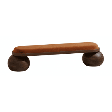 A contemporary bench featuring a long, rectangular seat with rounded ends, upholstered in a rich terracotta-colored velvet fabric. The seat rests upon two large, spherical legs made from dark, grain-visible wood. The overall design is minimalist yet sculptural, highlighting the distinct shapes and textures of its components. — 3D model (AI enhanced source)