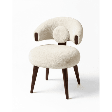 A compact, upholstered accent chair featuring a circular seat, a curved backrest, and four tapered wooden legs. The chair is covered in a cream-colored boucle fabric and includes a prominent circular lumbar cushion integrated into the back. — 3D model (AI enhanced source)