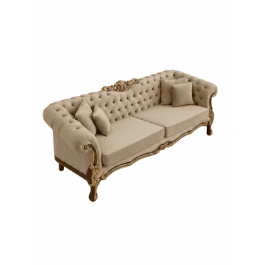 A luxurious, large sofa featuring a deep button-tufted backrest and roll arms, upholstered in a light beige velvet or similar plush fabric. The sofa boasts an intricately carved wooden frame with extensive gilded detailing, particularly visible along the base, armrests, and upper back. It includes two seat cushions and several matching throw pillows. The overall design evokes an opulent, classical, or baroque aesthetic. — 3D model (AI enhanced source)