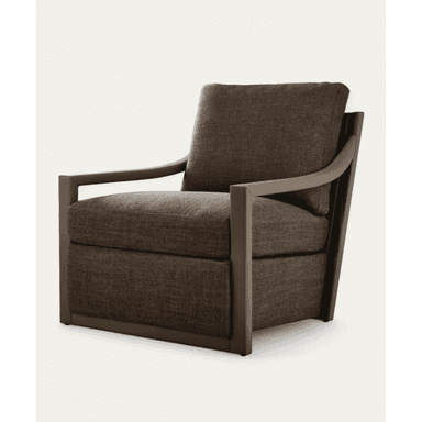 An upholstered lounge armchair featuring a dark brown textured fabric and a visible, sculptural dark wood or faux-wood frame. The chair has thick, comfortable cushions for the seat and back, and integrated armrests that curve elegantly, extending downwards to form the chair's base. The overall aesthetic is contemporary and sophisticated. — 3D model (AI enhanced source)