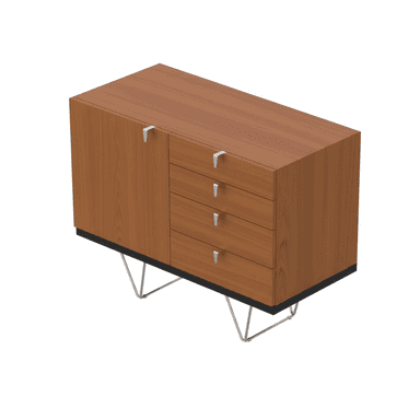 A modern cabinet with a wood-grain finish, featuring a single door on the left and four drawers stacked vertically on the right. It is elevated by thin, angular metal legs, giving it a mid-century modern aesthetic. The handles are silver-toned and minimalist. — 3D model (AI enhanced source)