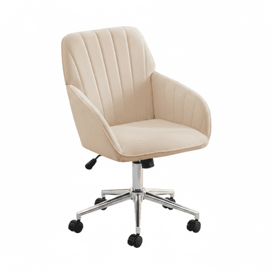 A cream-colored, upholstered office chair with a tufted backrest and integrated armrests. It features a five-star chrome base with black casters for mobility and an adjustable height mechanism. — 3D model (AI enhanced source)
