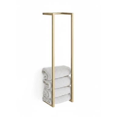 A minimalist, rectangular, floor-standing towel stand constructed from gold-colored metal. It features a simple, open frame design, allowing for the vertical storage of stacked towels. Four light grey, folded towels are visible, resting within the lower section of the frame. The background is plain white, emphasizing the sleek design of the stand and its contents. — 3D model (AI enhanced source)