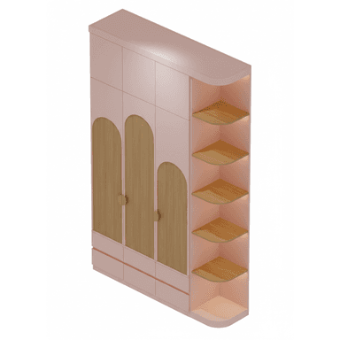 A modern, tall storage unit in pink with natural wood accents, featuring multiple closed cabinet doors, base drawers, and integrated, illuminated corner shelves on one side. — 3D model (AI enhanced source)