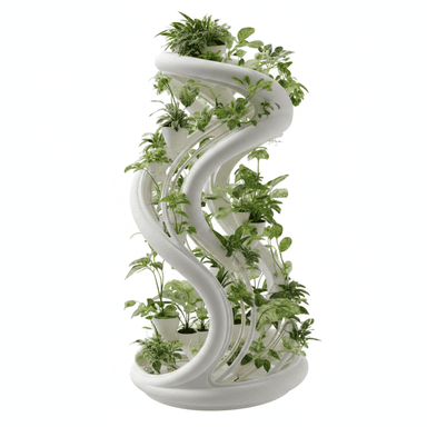 A freestanding modern vertical garden featuring a striking white spiral structure with multiple integrated pockets designed to hold individual potted plants. The structure tapers slightly from a wider base, providing stability and an aesthetic flow. Numerous small green plants are visible within the various levels of the spiral, creating a lush, living display. — 3D model (AI enhanced source)