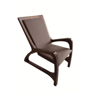 A modern lounge chair featuring a dark-stained solid wood frame with elegantly curved armrests and base. The backrest is angled for comfort, and both the seat and back are upholstered in a neutral taupe fabric. — 3D model (AI enhanced source)