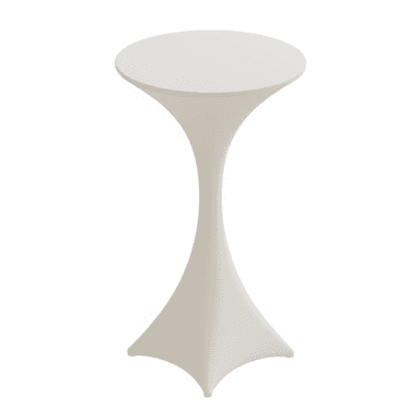 A tall, slender white table with a round top and a tapering pedestal base, completely covered in a smooth, fitted stretch fabric, likely spandex. The base flares out into four distinct points at the bottom, creating a contemporary and sleek silhouette. — 3D model (AI enhanced source)