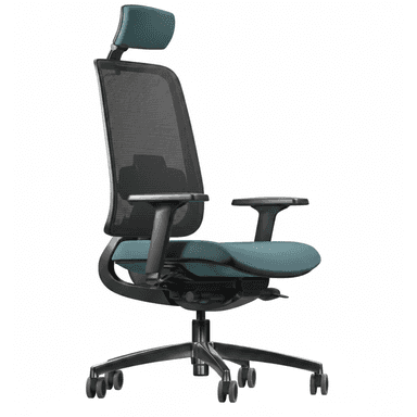 A modern ergonomic office chair featuring a high mesh back with an integrated adjustable headrest, upholstered teal fabric seat, and adjustable armrests, all mounted on a black five-star swivel base with casters. — 3D model (AI enhanced source)