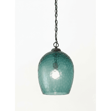 A single pendant light fixture featuring a globe-shaped shade crafted from hammered, translucent aqua-colored glass, suspended by a dark bronze or oil-rubbed bronze finish metal chain and canopy. — 3D model (AI enhanced source)
