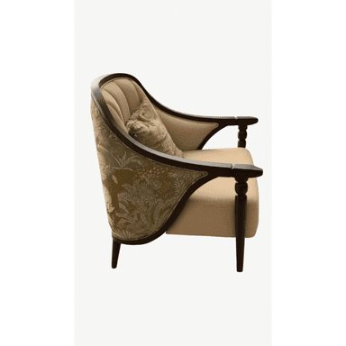 An upholstered armchair featuring an exposed dark wooden frame, a curved backrest with inner fluting, and outer patterned fabric. It includes a solid-colored seat cushion and a matching decorative pillow. — 3D model (AI enhanced source)