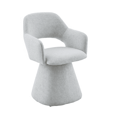 A contemporary light grey upholstered chair featuring a rounded backrest, integrated armrests, and a wide, conical pedestal base, all covered in a textured fabric. — 3D model (AI enhanced source)