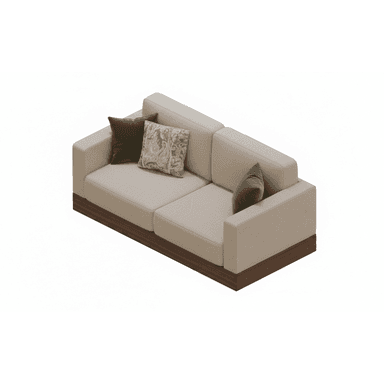 A modern two-seater sofa featuring light beige upholstered cushions and a contrasting dark wood plinth base. The sofa has a clean, minimalist design with squared arms and back. It includes three decorative throw pillows: two dark green solid pillows and one patterned light beige pillow. — 3D model (AI enhanced source)