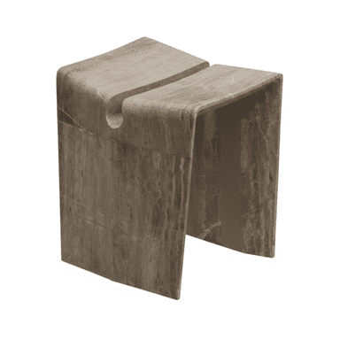 A small, contemporary sculptural stool crafted from natural marble, featuring a monolithic, curved form with a distinctive split-top design and visible veining. — 3D model (AI enhanced source)