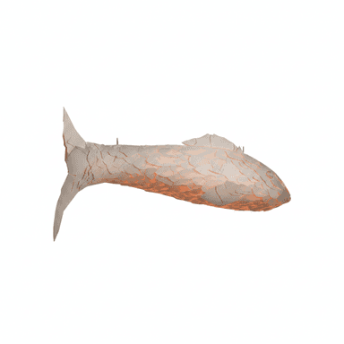 A wall lamp designed in the shape of a fish. The exterior appears to be made of segmented, textured material, possibly resembling scales or cracked ceramic. The interior emits a warm, orange light, visible through the translucent or broken sections of the exterior. It has a tail fin and a dorsal fin, and is mounted to a wall via a small fixture at the top. — 3D model (AI enhanced source)