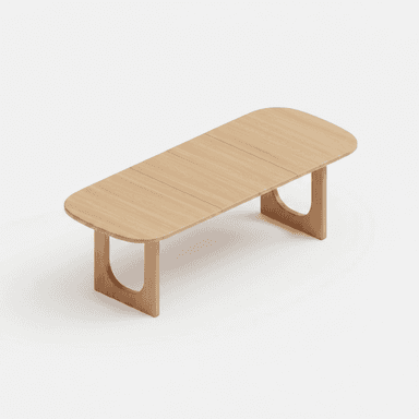 A minimalist, modern dining table constructed from light-toned wood, likely oak, featuring an extendable tabletop with rounded corners. The design includes two sturdy, sculptural pillar-like legs at each end, distinguished by a U-shaped cut-out. The table's aesthetic is clean and contemporary. — 3D model (AI enhanced source)