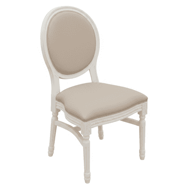 An elegant Louis XVI style dining chair featuring an oval medallion backrest and a rectangular seat, both upholstered in a light beige fabric. The wooden frame is painted in a cream or off-white finish and exhibits classical details such as fluted tapered legs and carved embellishments on the apron and leg blocks. — 3D model (AI enhanced source)