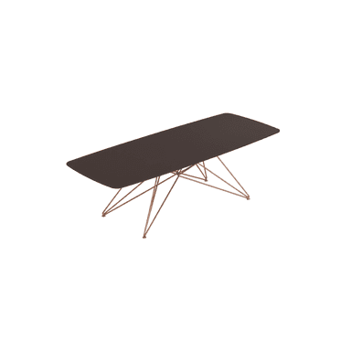 A rectangular coffee table with rounded corners, featuring a dark brown top and a delicate, wireframe base composed of thin, angled metal rods in a copper finish. The base has a distinct, starburst or Eiffel Tower-inspired design. — 3D model (AI enhanced source)