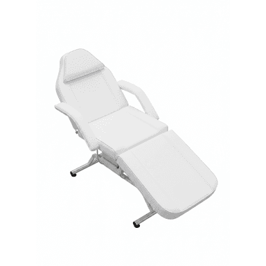 A white adjustable aesthetic treatment chair with a segmented, upholstered surface, metal frame, and removable armrests. It is designed for client comfort during beauty, spa, or medical procedures. — 3D model (AI enhanced source)