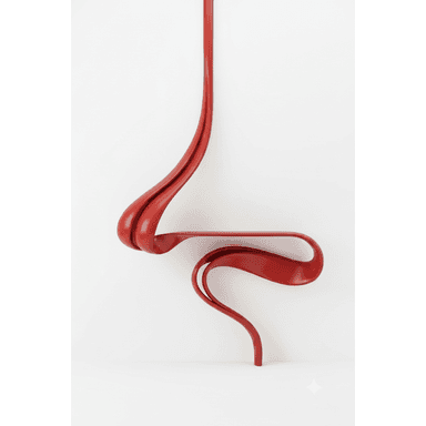 A vibrant red, avant-garde, wall-mounted console table featuring fluid, sculptural lines and a narrow display surface. — 3D model (AI enhanced source)